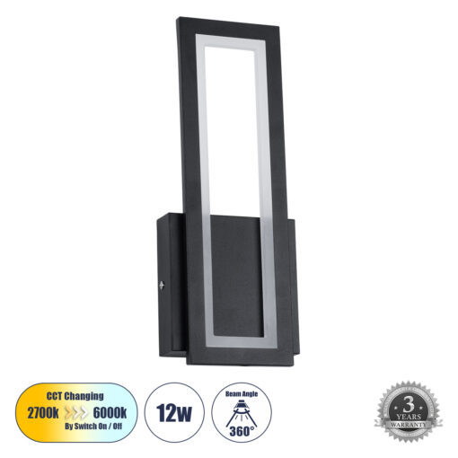 GloboStar® TIARA 61327 Φωτιστικό Τοίχου – Απλίκα Design LED CCT 12W 1440lm 360° AC 220-240V – Εναλλαγή Φωτισμού μέσω Διακόπτη On/Off All In One Ψυχρό 6000k+Φυσικό 4500k+Θερμό 2700k Μ12.5 x Π4 x Υ32cm – Μαύρο – 3 Years Warranty