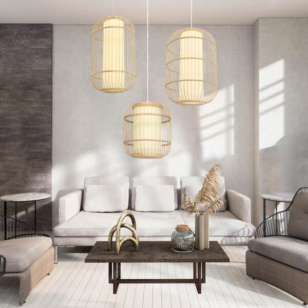 GloboStar® DE PARIS 00891 Vintage Κρεμαστό Φωτιστικό Οροφής Μονόφωτο 1 x E27 Καφέ Ξύλινο Bamboo Φ40 x Υ60cm