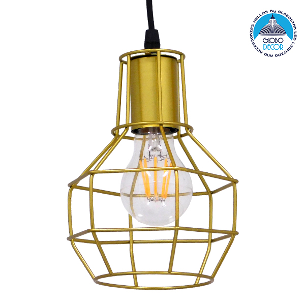 GloboStar® CAGE 00950 Vintage Industrial Κρεμαστό Φωτιστικό Οροφής Μονόφωτο 1 x E27 Χρυσό Μεταλλικό Πλέγμα Φ15 x Y22cm