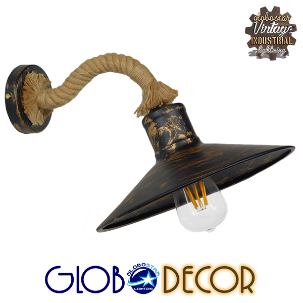 GloboStar® BRASTA 01131 Vintage Φωτιστικό Τοίχου Απλίκα Μονόφωτο Μπρούτζινο Σκουριά Μεταλλικό Καμπάνα με Μπεζ Σχοινί Φ27 x Μ32 x Π27 x Υ34cm