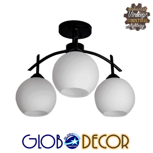 GloboStar® LUNA 01087 Μοντέρνο Φωτιστικό Οροφής Τρίφωτο Μαύρο Μεταλλικό με Λευκό Γυαλί Φ45 x Y39cm