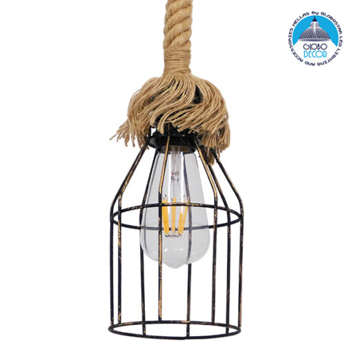 GloboStar® LAICO 01129 Vintage Κρεμαστό Φωτιστικό Οροφής Μονόφωτο 1 x E27 Μπρούτζινο Σκουριά Μεταλλικό Πλέγμα με Μπεζ Σχοινί Φ12 x Y100cm