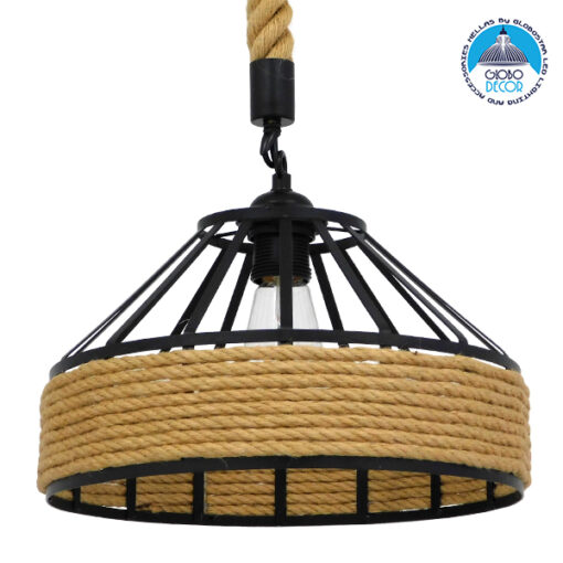 GloboStar® POLI 01146 Vintage Κρεμαστό Φωτιστικό Οροφής Μονόφωτο 1 x E27 Μαύρο Μεταλλικό με Μπεζ Σχοινί Φ30 x Y18cm