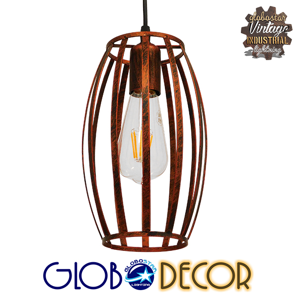GloboStar® ZEBRA 01639 Vintage Industrial Κρεμαστό Φωτιστικό Οροφής Μονόφωτο Καφέ Σκουριά Μεταλλικό Πλέγμα Φ15 x Υ25cm