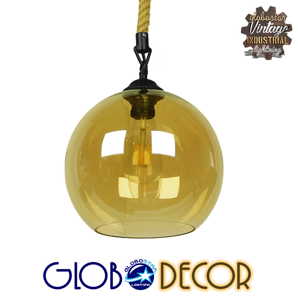 GloboStar® LENHAM 01668 Μοντέρνο Κρεμαστό Φωτιστικό Οροφής Μονόφωτο 1 x E27 με 1 Μέτρο Μπεζ Σχοινί Γυάλινο Μελί Διάφανο Φ25 x Υ25cm