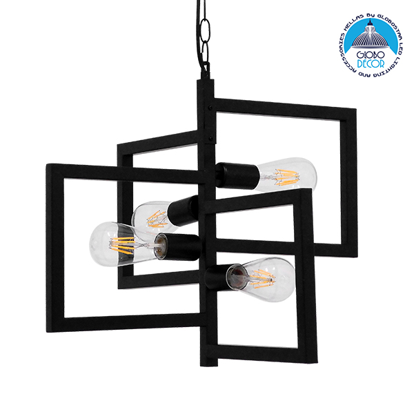 GloboStar® LOOP 00904 Μοντέρνο Industrial Κρεμαστό Φωτιστικό Οροφής Πολύφωτο 4 x E27 Μαύρο Μεταλλικό Μ52 x Π52 x Υ42cm