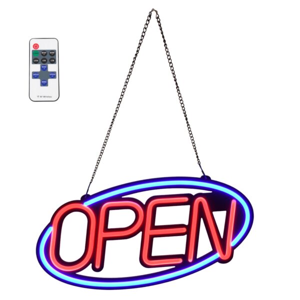 GloboStar® 85860 Φωτιστικό Ταμπέλα Φωτεινή Επιγραφή NEON LED Σήμανσης Animated Ovale OPEN 30W AC 230V με Διακόπτη On/Off και Ασύρματο Χειριστήριο IR Μπλε – Κόκκινο