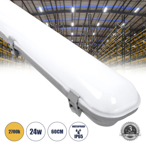 GloboStar® 60172 LED Γραμμικό Βιομηχανικό Φωτιστικό Tri-Proof 60cm 24W 2690lm 120° AC 220-240V Αδιάβροχο IP65 Μ60 x Π10.5 x Υ8cm Θερμό Λευκό 2700K – 3 Χρόνια Εγγύηση