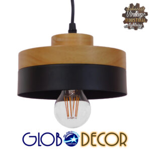 GloboStar® RUHIEL 01233 Μοντέρνο Κρεμαστό Φωτιστικό Οροφής Μονόφωτο 1 x E27 Μαύρο Μεταλλικό με Φυσικό Ξύλο Καμπάνα Φ18 x Y12cm
