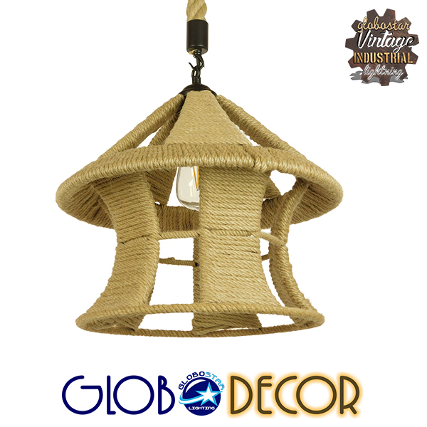 GloboStar® SOLITARIO 01606 Vintage Κρεμαστό Φωτιστικό Οροφής Μονόφωτο 1 x E27 Μπεζ Καμπάνα με Σχοινί Φ36 x Υ30cm