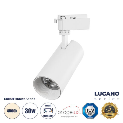 GloboStar® LUGANO 60813 Μονοφασικό Φωτιστικό Σποτ Ράγας LED 30W 3750lm 36° Acrylic HQ LENS AC 220-240V IP20 Φ7.5 x Υ22.7cm Φυσικό Λευκό 4500K – EUROTRACK® System 1L+1N – Λευκό – Bridgelux Chip – TÜV Certified Driver – 5 Χρόνια Εγγύηση