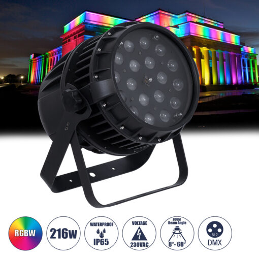 GloboStar® 51114 MINOTAUR Επαγγελματική Κεφαλή PAR DMX512 216W AC 220V-240V 4in1 BEAM – WASH – SPOT – ZOOM 8° – 60° OSRAM LED Αδιάβροχη IP65 RGBW – Μαύρο – L24.8 x W28 x H37cm