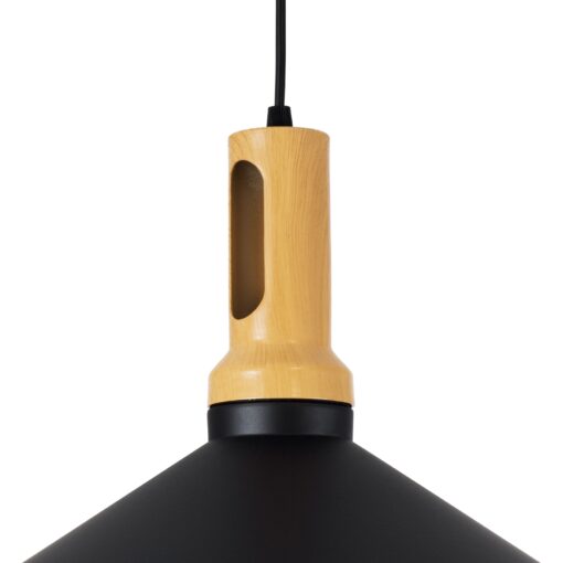 GloboStar® CALYPSO 01334-B Μοντέρνο Κρεμαστό Φωτιστικό Οροφής Μονόφωτο 1 x E27 Μαύρο – Χρυσό Μεταλλικό με Ξύλινη Βάση Καμπάνα Φ36 x Υ35cm