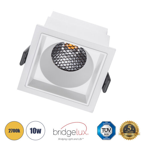 GloboStar® PLUTO-M 60273 Χωνευτό LED Spot Downlight TrimLess Μ8.4xΠ8.4cm 10W 1250lm 38° AC 220-240V IP20 Μ8.4 x Π8.4 x Υ5.9cm – Τετράγωνο – Λευκό & Anti-Glare HoneyComb – Θερμό Λευκό 2700K – Bridgelux COB – 5 Years Warranty