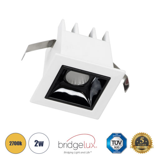 GloboStar® LUMINAR SUPERIOR 60315 Χωνευτό LED Spot Downlight TrimLess 2W 270lm 36° AC 220-240V IP20 Μ4.3 x Π4.3 x Υ4.5cm – Λευκό με Μαύρο Κάτοπτρο – Θερμό Λευκό 2700K – Bridgelux High Lumen Chip Gen2 – TÜV Certified Driver – 5 Years Warranty