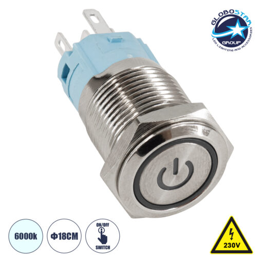 GloboStar® 70770 LED Φωτιζόμενος Διακόπτης Χωνευτός – Μπουτόν On/Off Ανοξείδωτος AC 220-240V Αδιάβροχο IP67 Φ18mm με Angel Eye Ψυχρό Λευκό 6000K