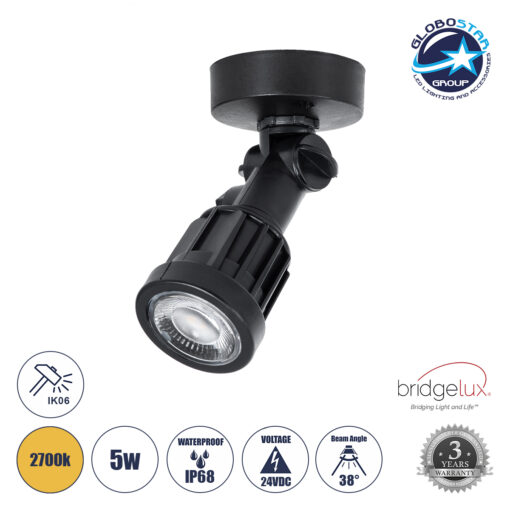 GloboStar® GARDENINI 61546 Επιφανειακό Φωτιστικό Σποτ Κήπου LED 5W 650lm 38° DC 24V IP68 Υψηλής Αντοχής ABS IK06 Φ7 x Υ14.5cm – Θερμό Λευκό 2700K Dimmable – Μαύρο – Bridgelux Chip – 3 Years Warranty