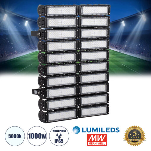 GloboStar® GOLIATH 90105 LED Προβολέας Γηπέδου – Φωτιστικό Tunnel 1000W 160000LM 75°*135° AC 100-277V Αδιάβροχο IP65 Μ62 x Π22 x Υ90cm Ψυχρό Λευκό 5000K – MeanWell Driver & LumiLEDs Chip – 5 Χρόνια Εγγύηση
