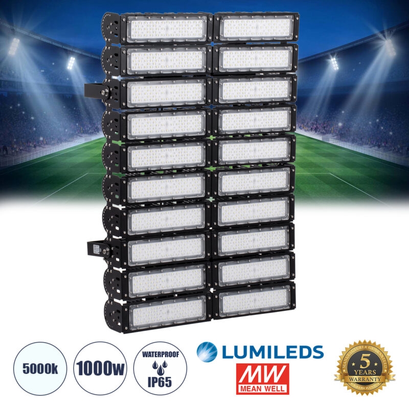 GloboStar® GOLIATH 90105 LED Προβολέας Γηπέδου – Φωτιστικό Tunnel 1000W 160000LM 75°*135° AC 100-277V Αδιάβροχο IP65 Μ62 x Π22 x Υ90cm Ψυχρό Λευκό 5000K – MeanWell Driver & LumiLEDs Chip – 5 Χρόνια Εγγύηση