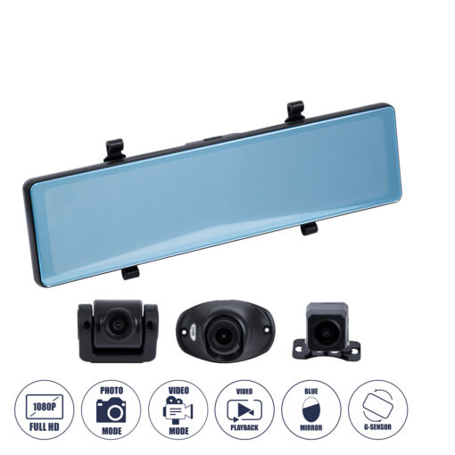 GloboStar® 86057 Καθρέπτης Αυτοκινήτου με 3 Κάμερες 3CHs AHD 1080P 170° – 4G Sim Card Slot – WiFi – GPS Navigator – Bluetooth – G Sensor – 24h Monitoring – FM Transmitter –  Νυχτερινή Όραση – Μαύρο