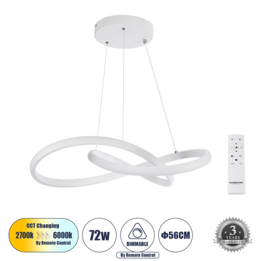 GloboStar® DEXTER 61050 Κρεμαστό Φωτιστικό Οροφής Design LED CCT 72W 8064lm 300° AC 220-240V – Εναλλαγή Φωτισμού μέσω Τηλεχειριστηρίου All In One Ψυχρό 6000k+Φυσικό 4500k+Θερμό 2700k Dimmable Φ56cm – Λευκό – 3 Years Warranty