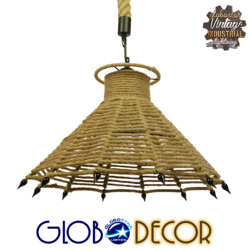 GloboStar® OZERO 01603 Vintage Κρεμαστό Φωτιστικό Οροφής Μονόφωτο 1 x E27 Μπεζ Καμπάνα με Σχοινί Φ41 x Υ28cm