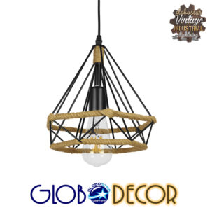 GloboStar® FLUTED 01421 Vintage Κρεμαστό Φωτιστικό Οροφής Μονόφωτο 1 x E27 Μαύρο Μεταλλικό με Μπεζ Σχοινί Φ25 x Υ24cm