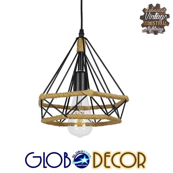GloboStar® FLUTED 01421 Vintage Κρεμαστό Φωτιστικό Οροφής Μονόφωτο 1 x E27 Μαύρο Μεταλλικό με Μπεζ Σχοινί Φ25 x Υ24cm