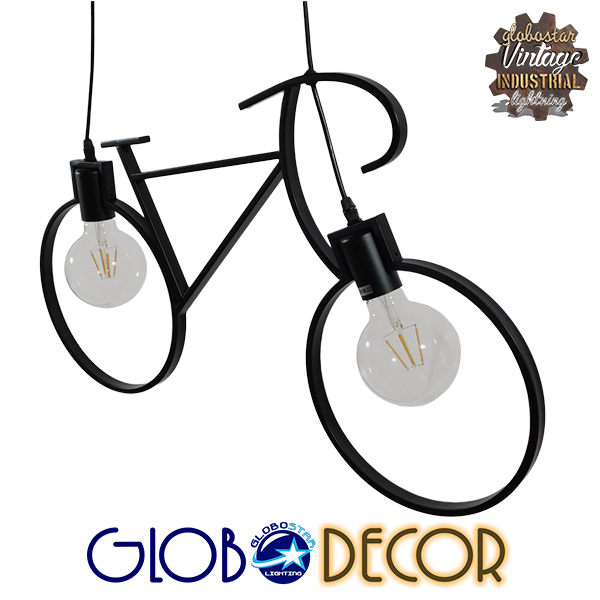 GloboStar® BIKE BLACK 01213 Vintage Κρεμαστό Φωτιστικό Οροφής Δίφωτο 2 x E27 Μαύρο Μεταλλικό Μ67 x Π1.5 x Υ41cm