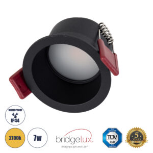 GloboStar® IP 60343 Χωνευτό LED Spot Downlight TrimLess Μπάνιου & WC Φ6.6cm 7W 700lm 45° AC 220-240V IP44 Φ6.6 x Υ5.3cm – Στρόγγυλο – Μαύρο – Θερμό Λευκό 2700K – Bridgelux COB – TÜV Certified Driver – 5 Years Warranty