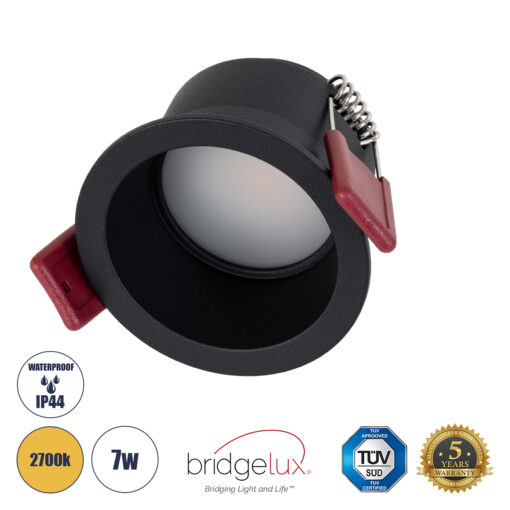 GloboStar® IP 60343 Χωνευτό LED Spot Downlight TrimLess Μπάνιου & WC Φ6.6cm 7W 700lm 45° AC 220-240V IP44 Φ6.6 x Υ5.3cm – Στρόγγυλο – Μαύρο – Θερμό Λευκό 2700K – Bridgelux COB – TÜV Certified Driver – 5 Years Warranty
