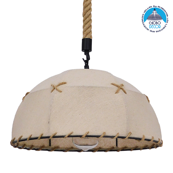 GloboStar® ANTOINETTE 01028 Vintage Κρεμαστό Φωτιστικό Οροφής Μονόφωτο 1 x E27 με Μπεζ Σχοινί και Καπέλο Φ35 x Y20cm
