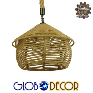 GloboStar® SPIRIT 01607 Vintage Κρεμαστό Φωτιστικό Οροφής Μονόφωτο 1 x E27 Πλέγμα με Μπεζ Σχοινί Φ36 x Υ29cm