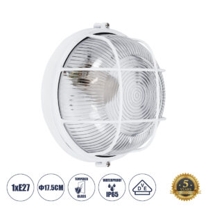 GloboStar® BOATLIGHT 61585 Vintage Industrial Φωτιστικό Τοίχου – Απλίκα – Καραβοχελώνα Εξωτερικού Χώρου Μονόφωτο 1 x E27 AC220-240V Αδιάβροχο IP65 – Σώμα Αλουμινίου & Tempered Glass – Φ17.5 x Υ9cm – Λευκό – Στρόγγυλο – 5 Years Warranty