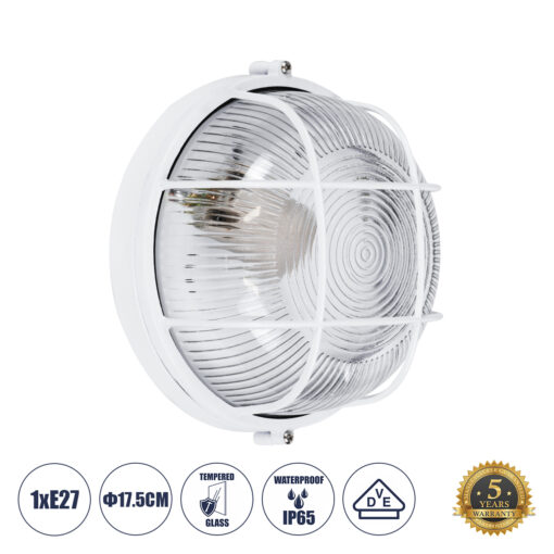 GloboStar® BOATLIGHT 61585 Vintage Industrial Φωτιστικό Τοίχου – Απλίκα – Καραβοχελώνα Εξωτερικού Χώρου Μονόφωτο 1 x E27 AC220-240V Αδιάβροχο IP65 – Σώμα Αλουμινίου & Tempered Glass – Φ17.5 x Υ9cm – Λευκό – Στρόγγυλο – 5 Years Warranty
