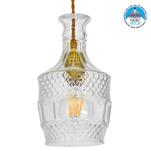 GloboStar® WHISKEY 01513 Vintage Κρεμαστό Φωτιστικό Οροφής Μονόφωτο 1 x E27 Γυάλινο Διάφανο Φ13 x Υ22cm