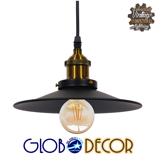 GloboStar® CARAVEL 01167 Vintage Industrial Κρεμαστό Φωτιστικό Οροφής Μονόφωτο Μαύρο Μεταλλικό Καμπάνα Φ22 x Y13cm
