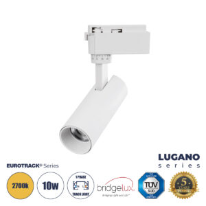 GloboStar® LUGANO 60802 Μονοφασικό Φωτιστικό Σποτ Ράγας LED 10W 1200lm 36° Acrylic HQ LENS AC 220-240V IP20 Φ4.5 x Υ19cm Θερμό Λευκό 2700K – EUROTRACK® System 1L+1N – Λευκό – Bridgelux Chip – TÜV Certified Driver – 5 Χρόνια Εγγύηση