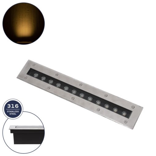GloboStar® UNDERGROUND-REMVI 90192 Χωνευτό Φωτιστικό Wall Washer Δαπέδου LED 12W 1080lm 10° DC 24V Αδιάβροχο IP68 L50 x W7.4 x H7cm Θερμό Λευκό 2700K – Ανοξείδωτο Ατσάλι – 3 Years Warranty