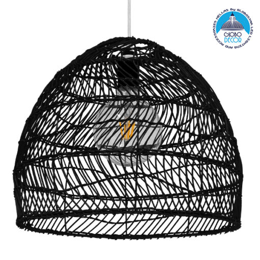 GloboStar® MALIBU 00969 Vintage Κρεμαστό Φωτιστικό Οροφής Μονόφωτο 1 x E27 Μαύρο Ξύλινο Bamboo Φ40 x Y35cm