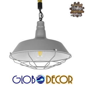 GloboStar® LUCI 01411 Vintage Industrial Κρεμαστό Φωτιστικό Οροφής Μονόφωτο 1 x E27 Γκρι Λευκό Μεταλλικό Καμπάνα Πλέγμα με Μπεζ Σχοινί Φ36 x Υ31cm