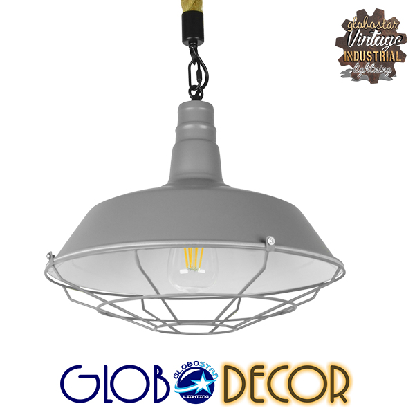 GloboStar® LUCI 01411 Vintage Industrial Κρεμαστό Φωτιστικό Οροφής Μονόφωτο 1 x E27 Γκρι Λευκό Μεταλλικό Καμπάνα Πλέγμα με Μπεζ Σχοινί Φ36 x Υ31cm