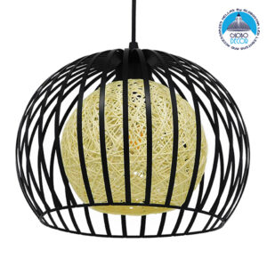 GloboStar® CARTER 00960 Μοντέρνο Industrial Κρεμαστό Φωτιστικό Οροφής Μονόφωτο 1 x E27 Μαύρο με Εκρού Μεταλλικό Πλέγμα Φ28 x Υ23cm