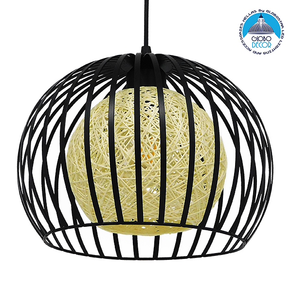 GloboStar® CARTER 00960 Μοντέρνο Industrial Κρεμαστό Φωτιστικό Οροφής Μονόφωτο 1 x E27 Μαύρο με Εκρού Μεταλλικό Πλέγμα Φ28 x Υ23cm