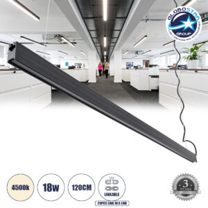 GloboStar® MARKET 61021-P Γραμμικό Κρεμαστό Φωτιστικό Linear LED 18W 2200lm 60° AC 220-240V Μ120 x Π2 x Υ4cm Φυσικό Λευκό 4500K – Μαύρο – 3 Years Warranty
