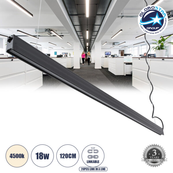 GloboStar® MARKET 61021-P Γραμμικό Κρεμαστό Φωτιστικό Linear LED 18W 2200lm 60° AC 220-240V Μ120 x Π2 x Υ4cm Φυσικό Λευκό 4500K – Μαύρο – 3 Years Warranty