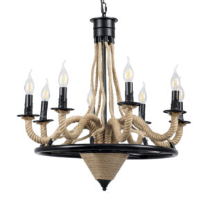 GloboStar® PENNSYLVANIA 00542 Vintage Κρεμαστό Φωτιστικό Οροφής Πολύφωτο 8 x E14 Μαύρο Μεταλλικό Πολυέλαιος με Μπεζ Σχοινί Φ64 x Y63cm