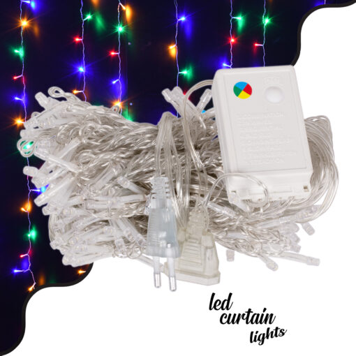 85802 Διακοσμητική Κουρτίνα 3 x 2 Μέτρα με Controller 8 Προγραμμάτων Φωτισμού – Επεκτεινόμενη 240 LED 6W AC 230V με Διάφανο Καλώδιο & EU Πρίζα IP20 Πολύχρωμο RGB Μ3 x Υ2m