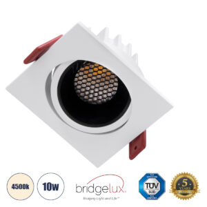 GloboStar® LEO-SQ 60288 Χωνευτό LED Spot Downlight TrimLess Μ8.5xΠ8.5cm 10W 1300lm 38° AC 220-240V IP20 Μ8.5 x Π8.5 x Υ6.6cm – Τετράγωνο – Κινούμενο – Λευκό με Μαύρο Κάτοπτρο & Anti-Glare HoneyComb – Φυσικό Λευκό 4500K – Bridgelux COB – 5 Years Warranty