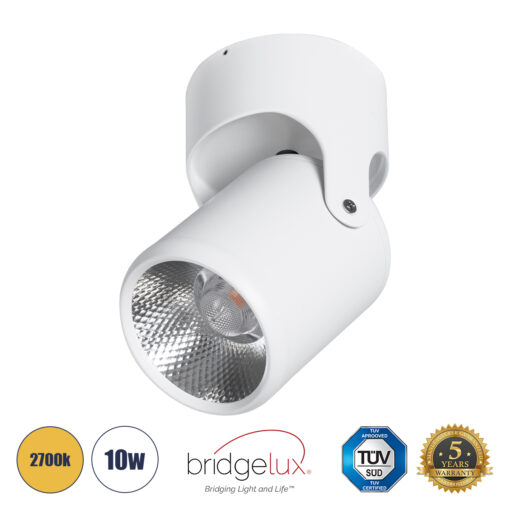 GloboStar® DETRONIC 60502 Επιφανειακό Κινούμενο Spot Downlight LED 10W 1250lm 24° AC 220-240V IP20 Φ9cm x Υ16cm – Στρόγγυλο – Λευκό – Θερμό Λευκό 2700K – Bridgelux COB – TÜV Certified Driver – 5 Χρόνια Εγγύηση